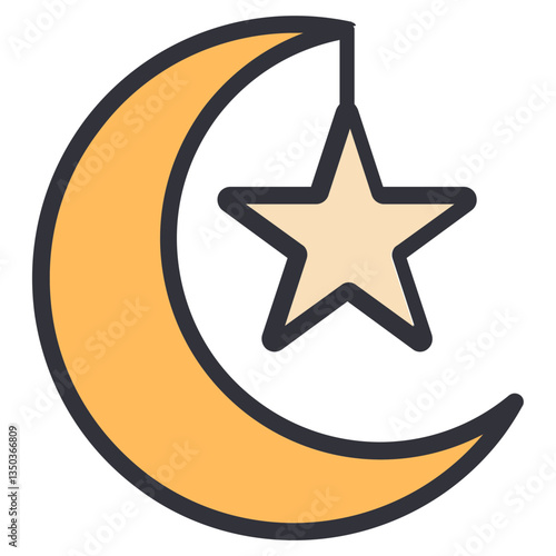 A crescent moon and star icon symbolizing Islam. Ideal for apps related to Muslim holidays, prayer times, or cultural content.
