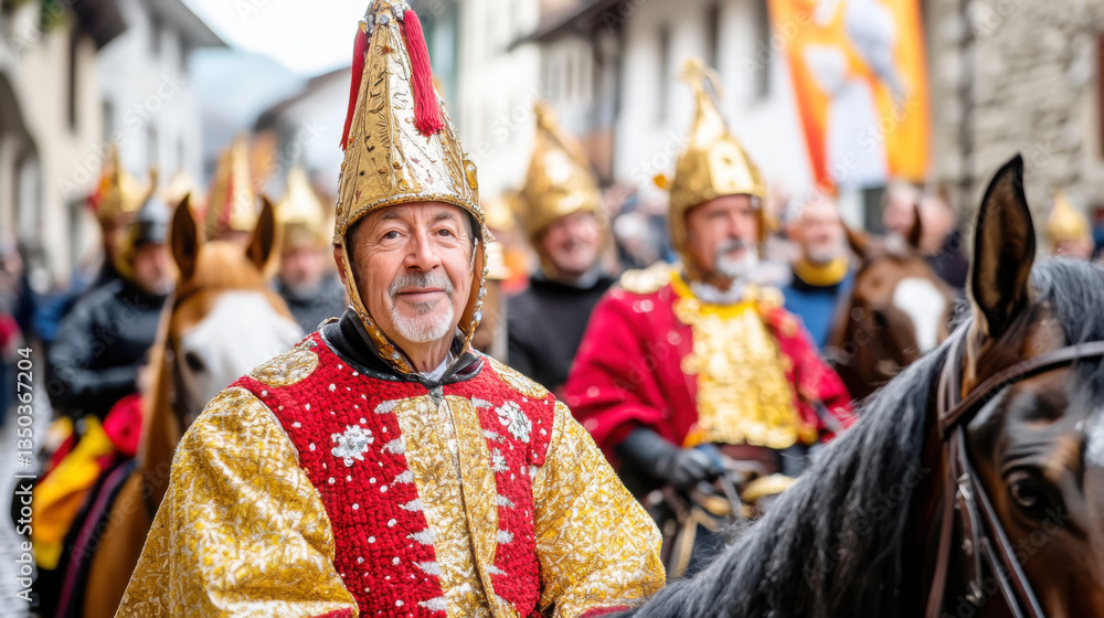 Obraz premium Traditional sorbian easter celebration with swiss men in festive attire