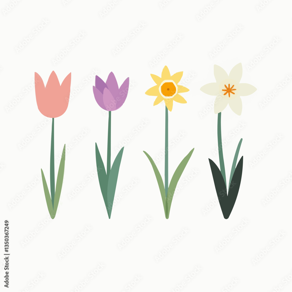 Fototapeta premium Frühlingsblumen-Set: Tulpe, Narzisse, Hyazinthe, Krokus
