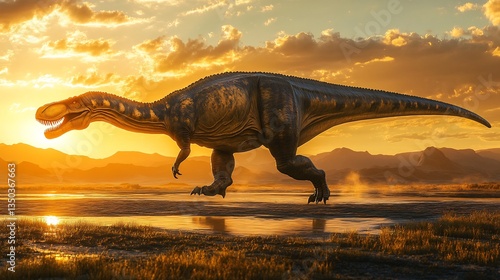 Colossal Uberabatitan striding through a vast open floodplain its immense size dominating the prehistoric landscape The golden sun sets behind distant mountains casting long shadows