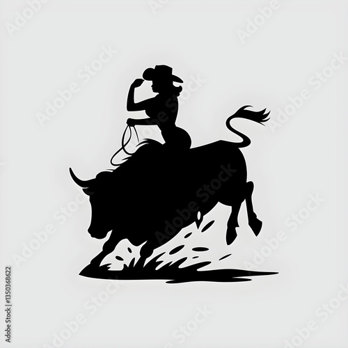 Silhouette of cowgirl riding a bull in black and white western rodeo illustration vector art