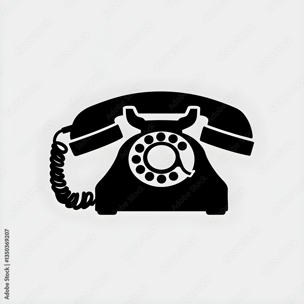 A black silhouette of a rotary dial telephone with a coiled cord on a white background space for text A black silhouette of a rotary dial telephone with a coiled cord on a white background space for text