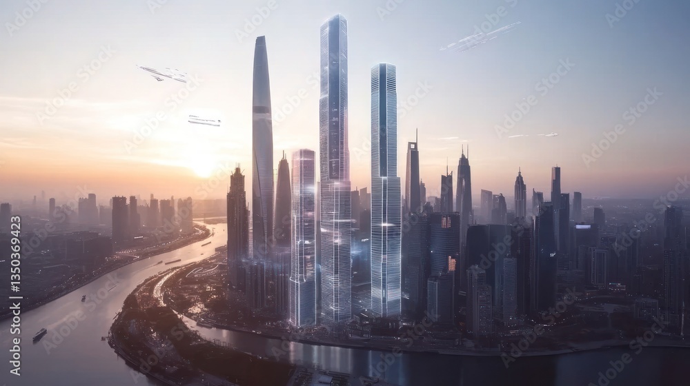 Fototapeta premium Sunrise over Futuristic Megacity Skyline
