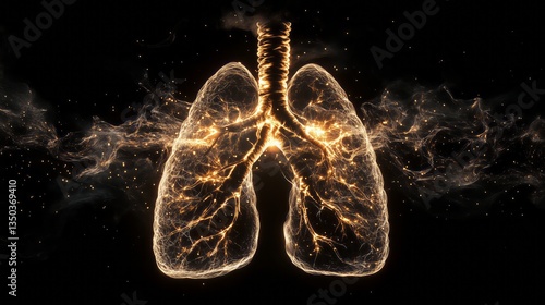 digital illustration of human lungs with eletric activity, flashes and light, black background