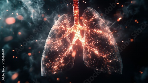 digital illustration of human lungs with eletric activity, flashes and light, black background