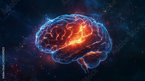 digital illustration of human brain with eletric activity, flashes and light, black background