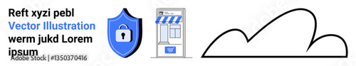 Shield with a lock, storefront, and cloud outline representing data security, online shopping, and cloud storage. Ideal for business security, digital transformation, cloud computing, and a simple