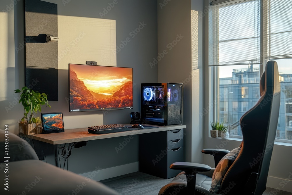 Fototapeta premium Sunlit Gaming Setup: Modern Desk, Computer, and Ergonomic Chair