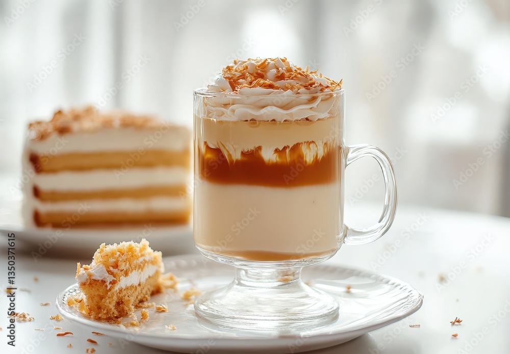 Creamy dessert with layered caramel, whipped topping, and coconut flakes served alongside spongy cake slice on white plate with soft background light Creamy dessert with layered caramel, whipped topping, and coconut flakes served alongside spongy cake slice on white plate with soft background light