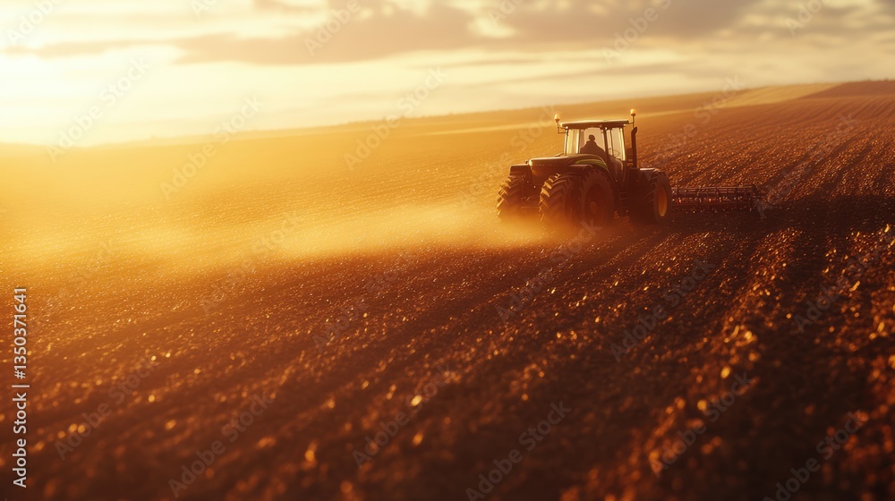 Fototapeta premium Sunset Tractor on a Brown Field, Dust Trails Behind