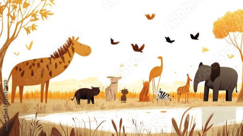 Wildlife gathering at sunset savanna landscape animated illustration natural habitat vibrant colors animal diversity