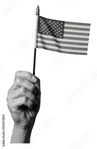 hand holding small American flag isolated retro halftone dotted cut-out collage element for mixed media design