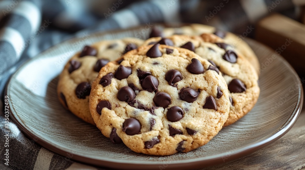 Delicious chocolate chip cookies arranged on a ceramic plate nicely Delicious chocolate chip cookies arranged on a ceramic plate nicely
