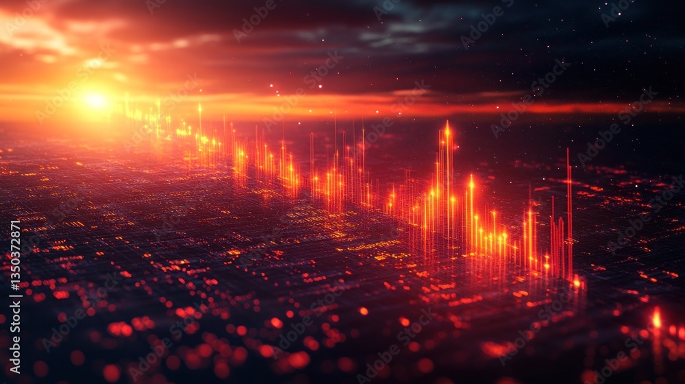 Fototapeta premium Futuristic Cityscape at Sunset: A Digital Metropolis Glowing with Innovation