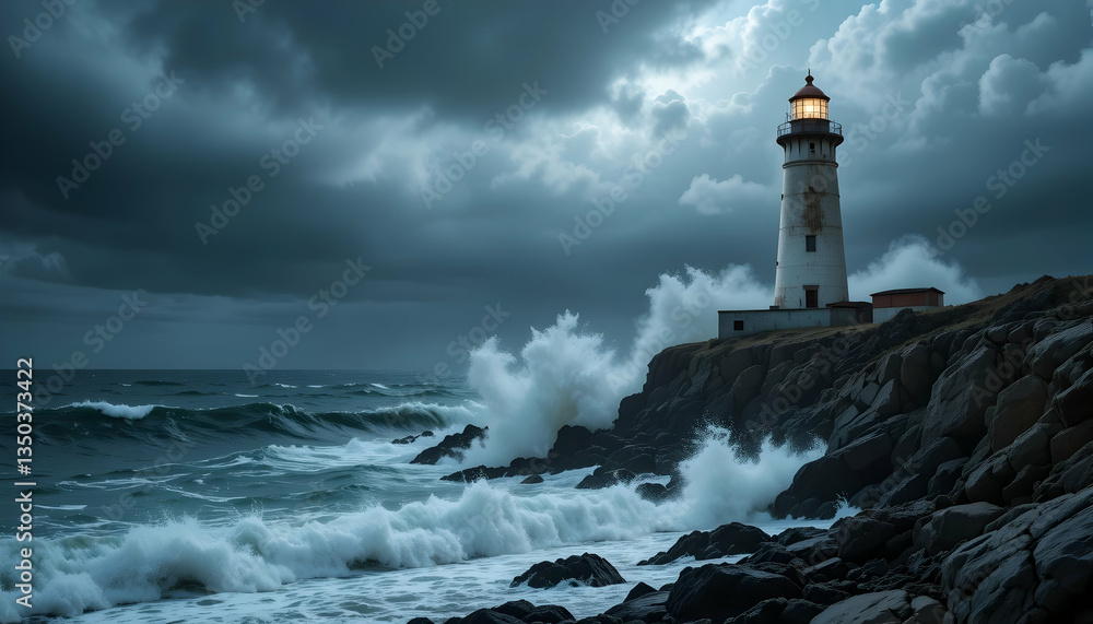 Lighthouse in stormy sea at night guiding ships through rough waters beacon of hope and resilience amidst challenges Lighthouse in stormy sea at night guiding ships through rough waters beacon of hope and resilience amidst challenges