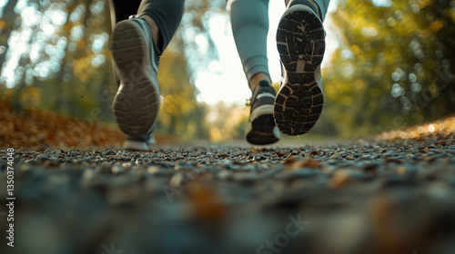 Couple's Feet in Running Shoes Hitting the Park's Gravel Path, with Motion Blur Emphasizing Their Energetic Jogging Pace