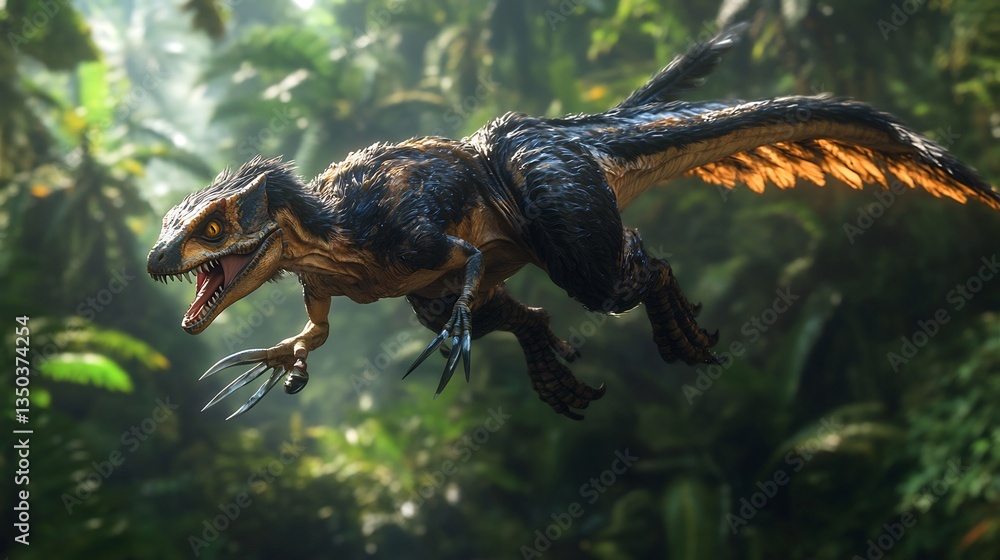 Fototapeta premium Deadly Dromaeosaurus leaping through the air its sharp claws extended toward its prey The dense jungle backdrop is blurred as the predator strikes with lightning fast precision