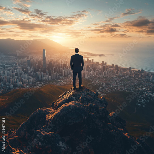 A businessman in a sharp black suit stands confidently atop a rocky mountain peak, overlooking a stunning coastal city at sunset.