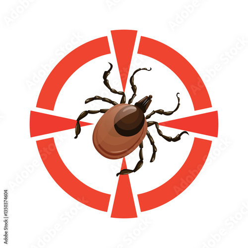 A caution sign warning about mites. Red circle sign with dangerous Lyme tick. Danger alert sign vector illustration against white background