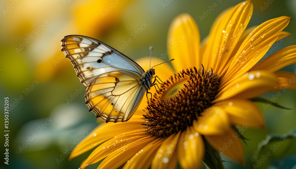 Naklejka premium Beautiful butterfly on sunflower blossom nature insect wings summer garden pollination wildlife yellow flower colorful