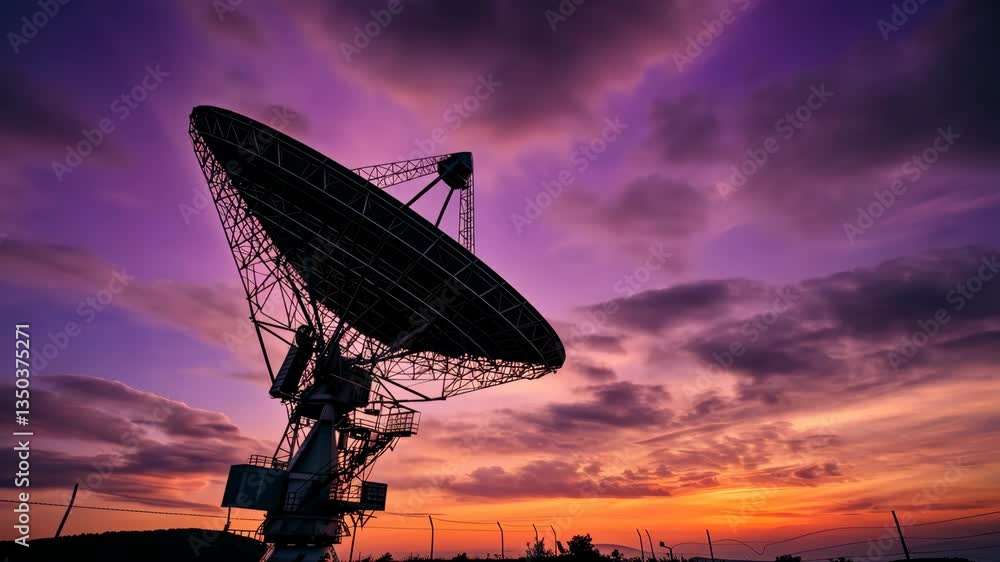 A large satellite dish is silhouetted against a vivid sunset, symbolizing advancements in technology and vital communication networks that bridge progress in business and engineering A large satellite dish is silhouetted against a vivid sunset, symbolizing advancements in technology and vital communication networks that bridge progress in business and engineering