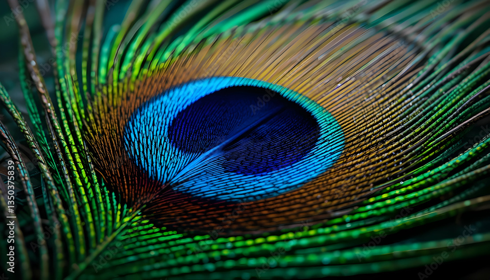Naklejka premium Vibrant Peacock Feather Close Up Detail Showing Iridescence Texture and Pattern for Design Background