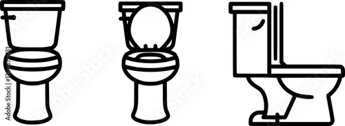 Toilet Icon Vector Set | WC, Restroom, Lavatory, Loo, Water Closet, Bathroom, Commode, Flush Toilet, Open Lid Toilet, Closed Lid Toilet, Side View Toilet, Minimalist Outline, Black and White