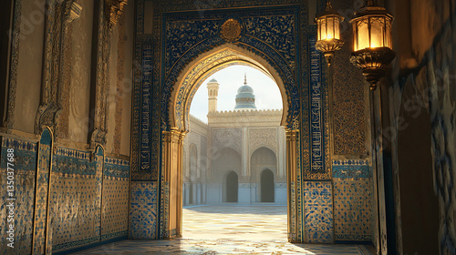 Photorealistic Arabian Palace Arch with Muqarnas and Mosaic Tiles — Islamic Architectural Detail