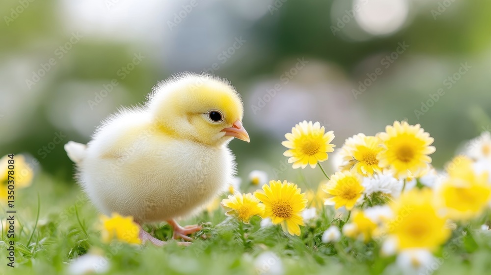 Cute chick surrounded by springtime flowers Cute chick surrounded by springtime flowers