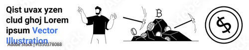 Man gesturing towards cryptocurrency mining tools with coins, pickaxes, and a dollar sign within a circle. Ideal for finance, blockchain, investment, cryptocurrency, digital assets, fintech abstract