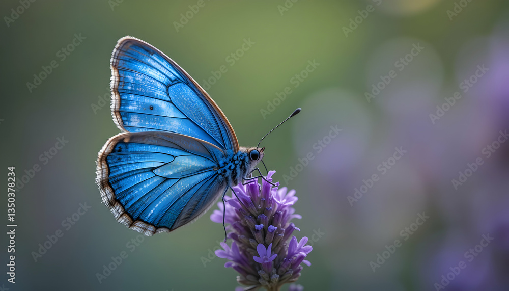 Fototapeta premium Vibrant Blue Butterfly on Lavender Blossom Nature Photography Wildlife Insect Pollination Summer Garden Beauty