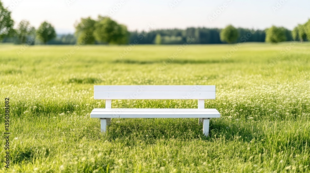 Empty white park bench in a grassy field Empty white park bench in a grassy field