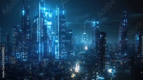 Wallpaper Mural Futuristic city at night, glowing skyscrapers, aerial view, stock photo Torontodigital.ca