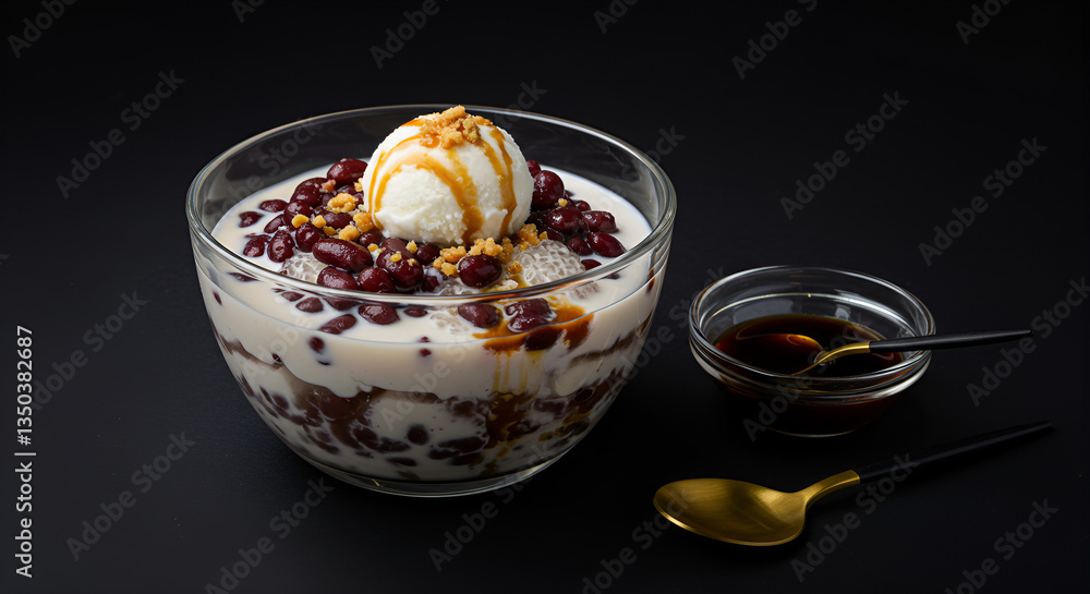 A beautiful close-up of a glass bowl filled with a layered red bean dessert. A beautiful close-up of a glass bowl filled with a layered red bean dessert.