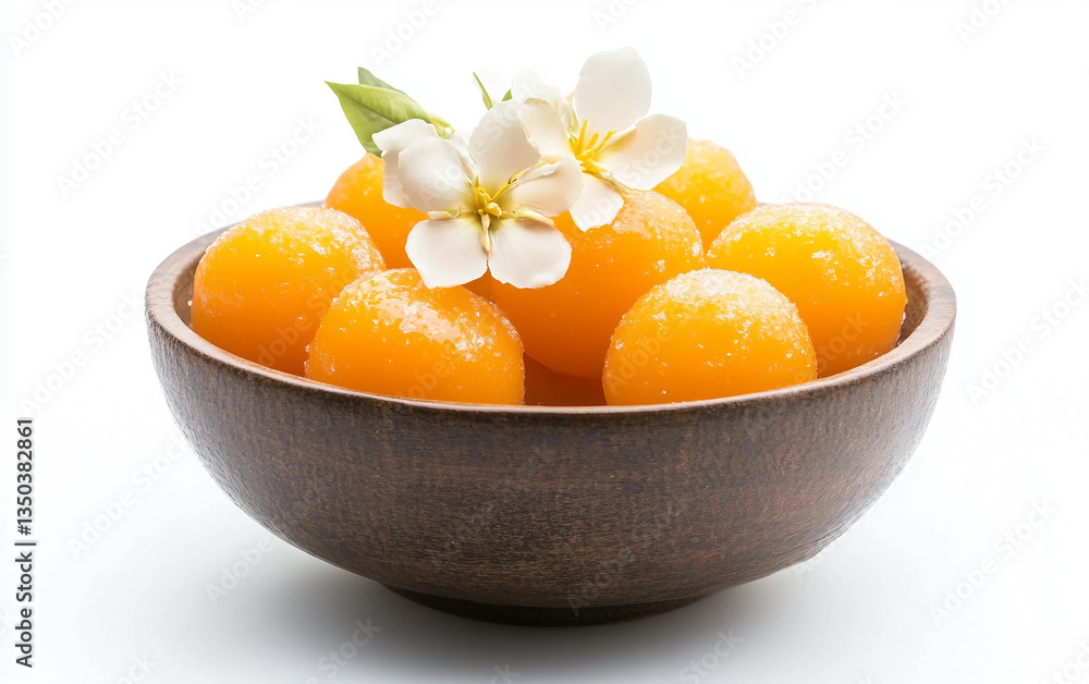 Exquisite Burmese Sweets Served with Garnishes Isolated on White Background. Exquisite Burmese Sweets Served with Garnishes Isolated on White Background.