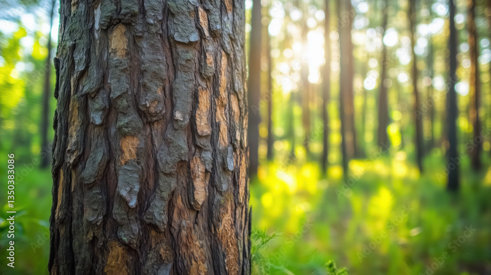 Fototapeta premium a Pine Tree Trunk in a Forest, with a Blurred Background, Sunlight Illuminating Green Plants, Creating a Shallow Depth of Field on a Sunny Day