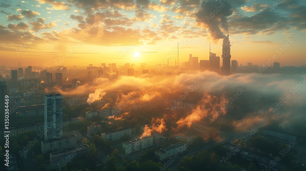 Aerial view of a city skyline at sunrise with fog and smoke, showcasing urban life and nature's beauty Aerial view of a city skyline at sunrise with fog and smoke, showcasing urban life and nature's beauty