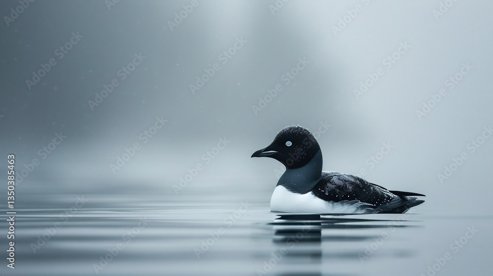 Fototapeta premium Black guillemot floating calm arctic waters striking black and white plumage soft cold mist rising in the background ultra realistic depth