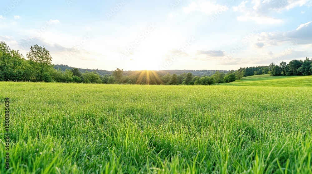 Lush green field at sunset, serene countryside Lush green field at sunset, serene countryside