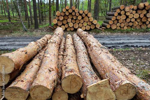 Logs stacked in a forest for timber processing during daylight hours