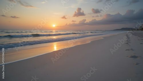 Wallpaper Mural Serene sunrise beach scene with footprints in the sand evokes tranquility and peaceful solitude of tropical vacation Torontodigital.ca