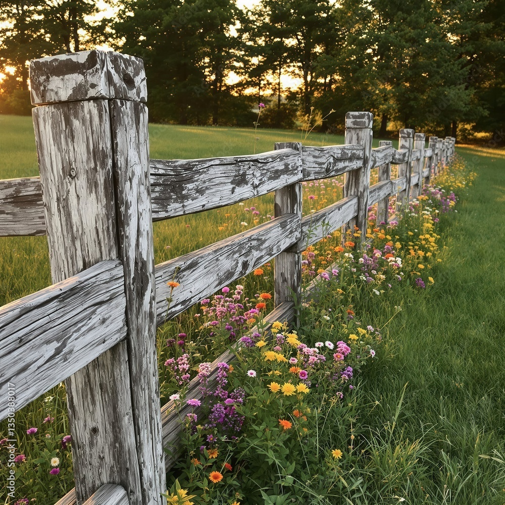 Naklejka premium A wooden fence with a field of flowers in front of it