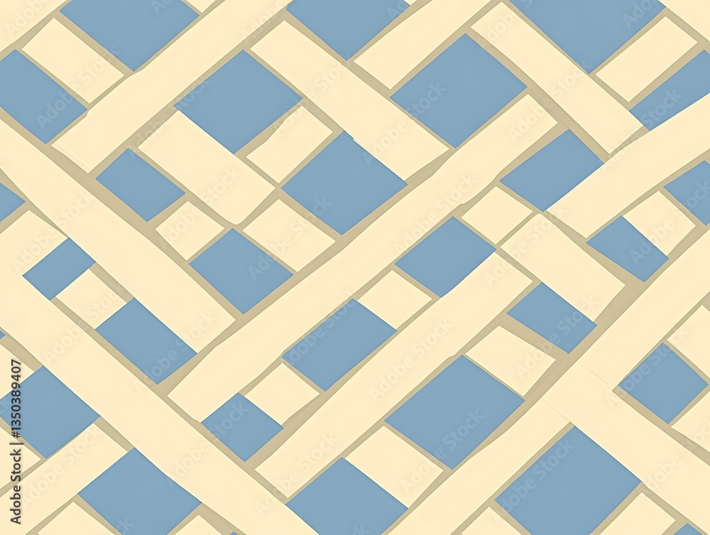 Woven patterned geometric design of intersecting beige and blue shapes Woven patterned geometric design of intersecting beige and blue shapes