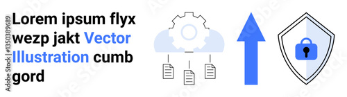 Cloud gear for data upload, upward arrow, and locked shield for protecting digital files. Ideal for cloud storage, data transfer, cybersecurity, digital privacy, protection, online safety flat