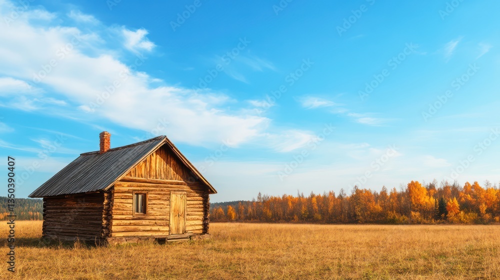 Rustic cabin autumn field, clear sky Rustic cabin autumn field, clear sky