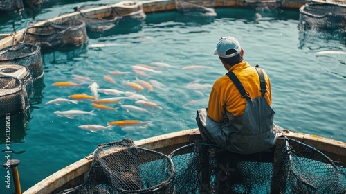 Farmer inspects koi pond aquaculture