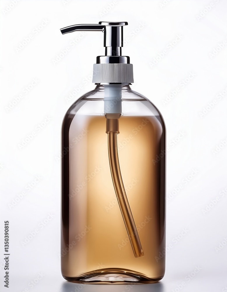 Transparent dispenser bottle with pump filled with amber liquid on white background Transparent dispenser bottle with pump filled with amber liquid on white background
