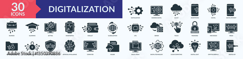 Digitalization icon collection set with smartphone, online payment, elearning, data encryption, digital padlock	
