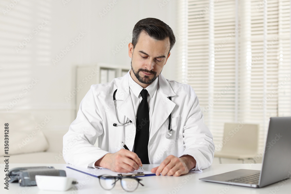 Cardiologist with stethoscope working at white table in clinic Cardiologist with stethoscope working at white table in clinic