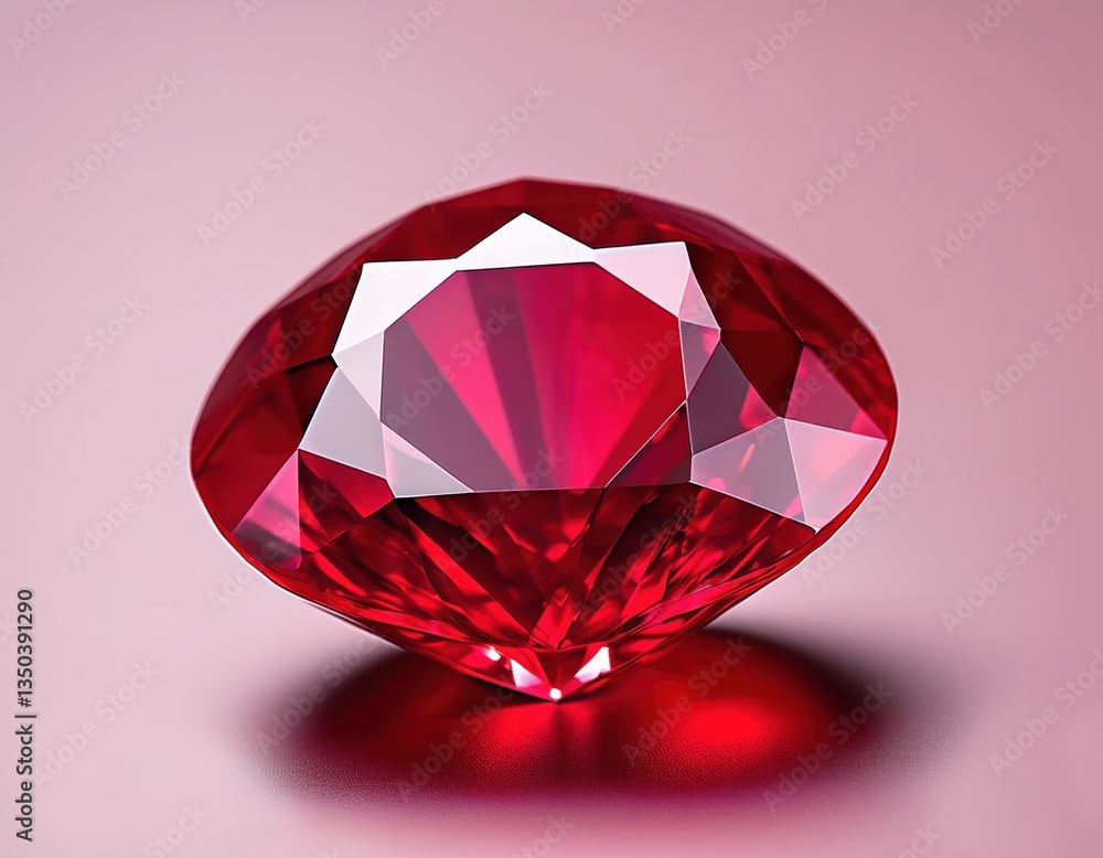 Brilliant red gemstone on soft pink surface highlighting facets Brilliant red gemstone on soft pink surface highlighting facets